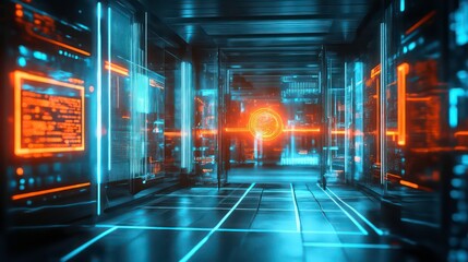 Futuristic server room corridor with glowing screens displaying data.