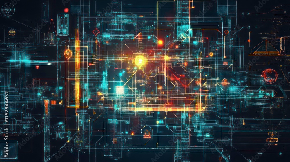 Poster a geometric grid glowing with construction icons embedded within
