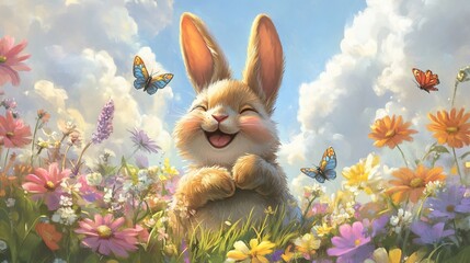 Fototapeta premium Happy bunny in a vibrant spring meadow with colorful flowers and butterflies.
