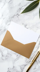 A blank envelope mockup resting on a polished marble desk, perfect for adding custom branding or text designs, offering a sophisticated and professional presentation for various projects.