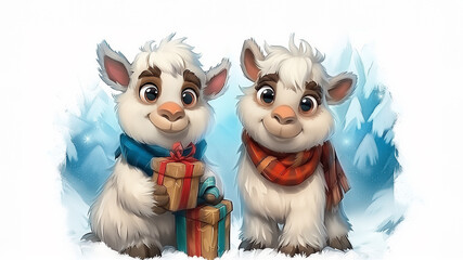 Two adorable cartoon animals are standing closely next to each other in a beautiful snowy landscape, both holding colorful gifts with excitement