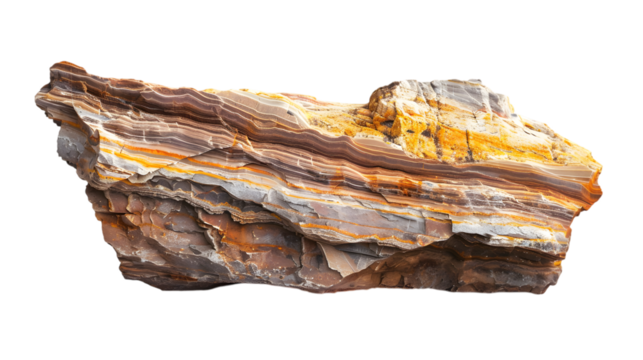 Layered rock formation showcasing dramatic orange and white stripes with visible erosion pattern isolated on white background - Powered by Adobe