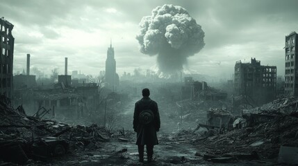 Dramatic sunset casting fiery glow over a ruined cityscape with a lone figure amidst destruction