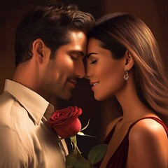 Man giving a red flower to a woman, both in love
