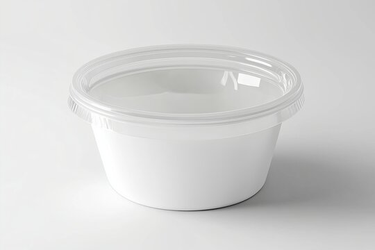 A white round paper food container with clear lid, plastic bowl mockup 