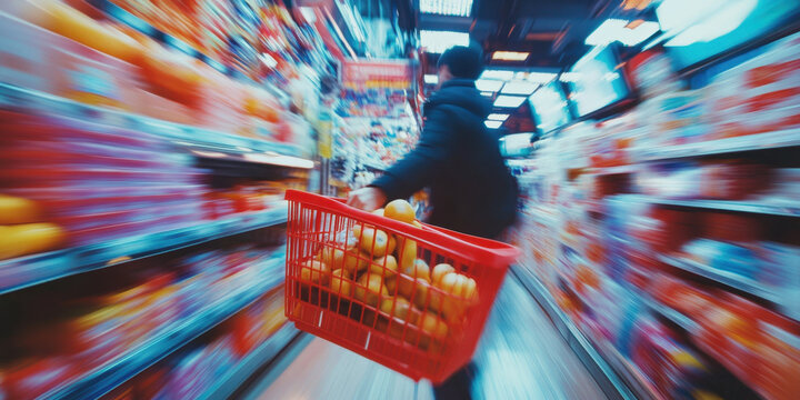 A person rushes through the grocery store aisles, pushing a red basket filled with oranges. Shelves stocked with various products line the path as they shop.