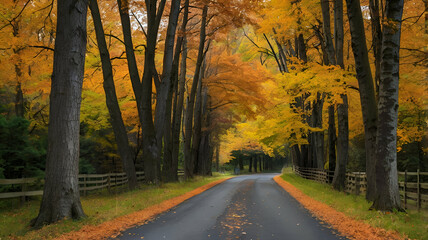 Obraz premium A peaceful countryside lane bordered by tall autumn trees in full seasonal colors.
