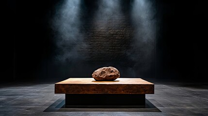 A large, textured rock rests on a wooden pedestal in a dimly lit gallery with dramatic lighting.