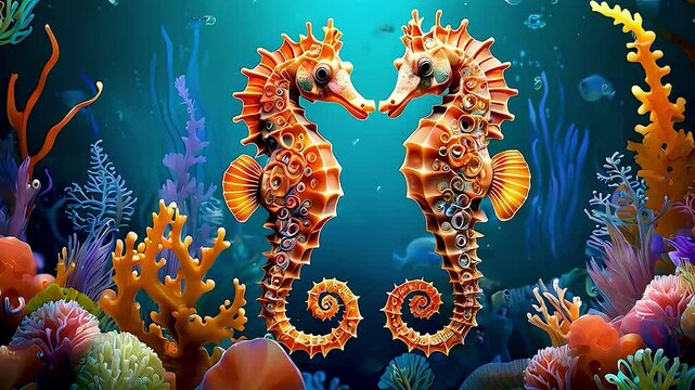 Two seahorses  are swimming in the ocean, surrounded by corals and  other sea creatures