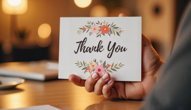 Hand holding a thank you card with floral design