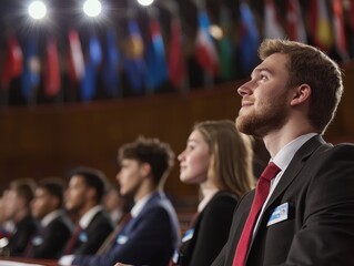 Obraz premium International diplomacy event for students conference hall professional gathering educational environment engaged viewpoint global cooperation