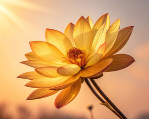 The beautiful yellow dahlia in the garden. With cool tone. Horizontal picture.
