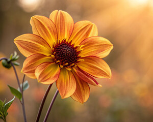 The beautiful yellow dahlia in the garden. With cool tone. Horizontal picture.
