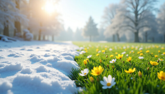 Spring meadow with flowers and melting snow