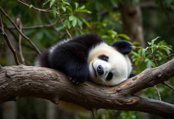 Obraz premium Lazy Panda Bear Sleeping on a Tree Branch, China Wildlife. Bifengxia nature reserve, Sichuan Province 