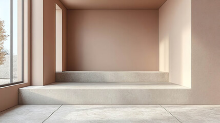 Fototapeta premium Minimalist interior space with neutral tones and natural light streaming through a window, projecting serenity. Generated with AI.