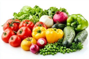 Creative layout made of summer vegetables. Food concept. Tomatoes, onion, cucumber, green peas, garlic, cabbage, chilly pepper, yellow pepper, salad leaves and radish on white background 