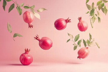 Flying fresh pomegranates on pink background 