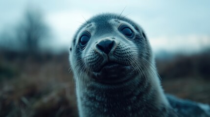 A close-up of a seal with expressive eyes set against a blurred natural background, perfect for marine life articles, environmental campaigns, or educational materials about wildlife conservation,