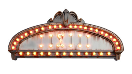 Retro marquee sign with lights, featuring a large blank space for custom messages, framed by a red and gold border isolated on white background
