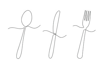 Set of cutlery in one continuous line. One line drawing, minimalism. Vector illustration.