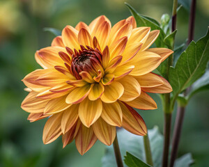 The beautiful yellow dahlia in the garden. With cool tone. Horizontal picture.
