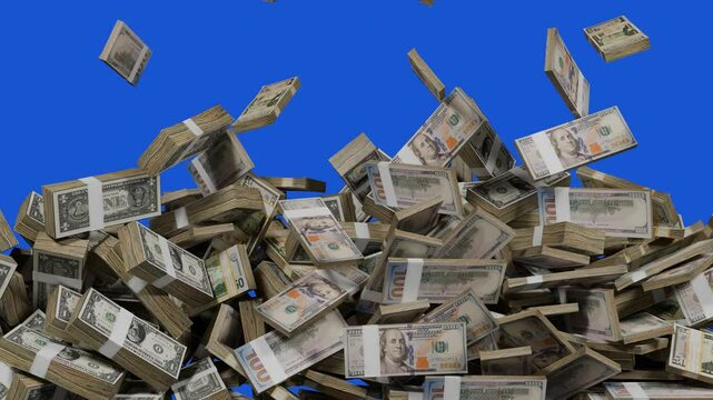Dynamic green screen transition featuring floating dollar money bills fall drop down