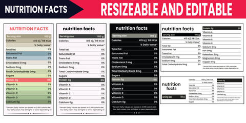  Editable Nutrition Facts Template, Supplement Facts, Vitamin Facts Template, Vector Illustration for Food Labels, Nutrition Information Template for Packaging and Design, 