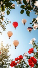 Obraz premium Colorful hot air balloons floating gently, clear blue sky background, perfect for travel adventure, outdoor festival, nature scenery, uplifting mood, springtime, bright sunny day, floral branches fra