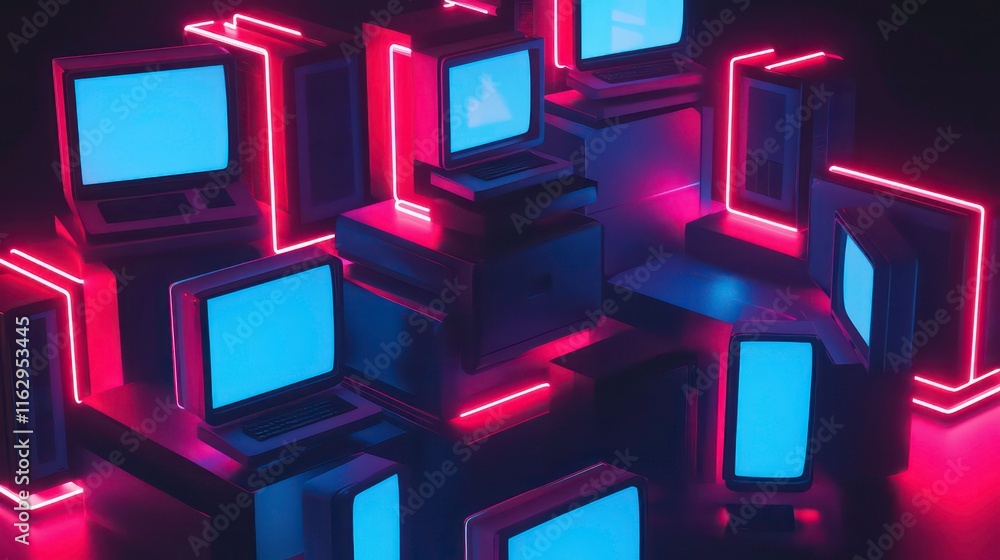 Poster a glowing isometric view of stacked computer monitors.