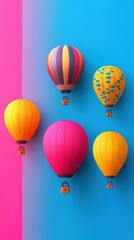 Colorful hot air balloons with stripes and patterns floating vertically, ideal for travel, adventure, summer, festival, vacation themes with vibrant pink and blue gradient background bright and cheer