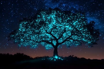 Mesmerizing Bioluminescent Tree Silhouette Against Starry Night Sky