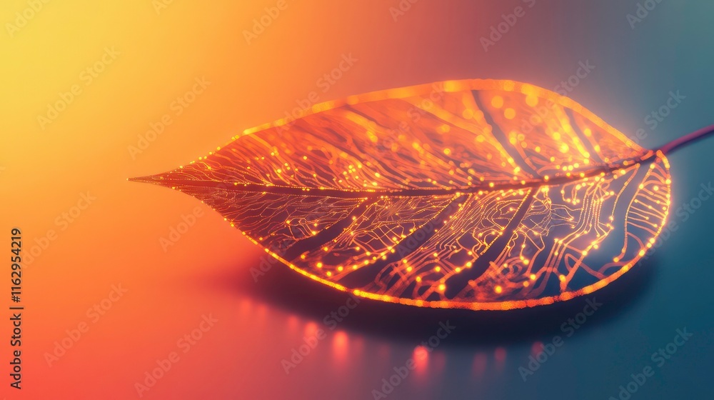 Poster a glowing leaf with embedded circuits against a soft gradient background.