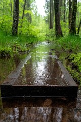 Obraz premium A serene woodland scene featuring a wooden pathway over a rain-soaked path, surrounded by lush greenery, Ideal for nature-themed projects, eco-tourism marketing, or outdoor adventure promotion,
