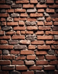Fototapeta premium A rugged brick wall displays various shades of red and brown, highlighting its textured surface. The weathered bricks create a warm and inviting atmosphere in any room. Generative AI