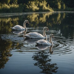 Fototapeta premium A family of swans gracefully gliding across a calm lake, with their reflections perfectly mirrored in the water.