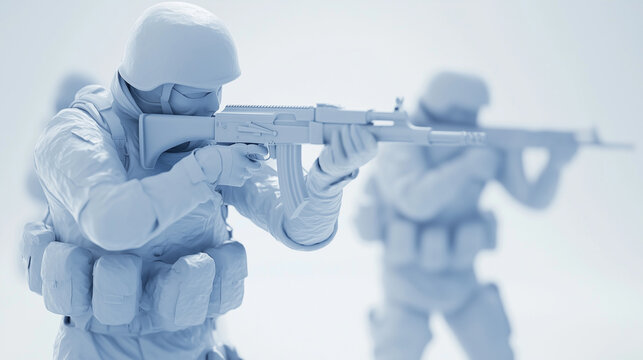 Futuristic soldiers in advanced armor aiming rifles during tactical mission. 