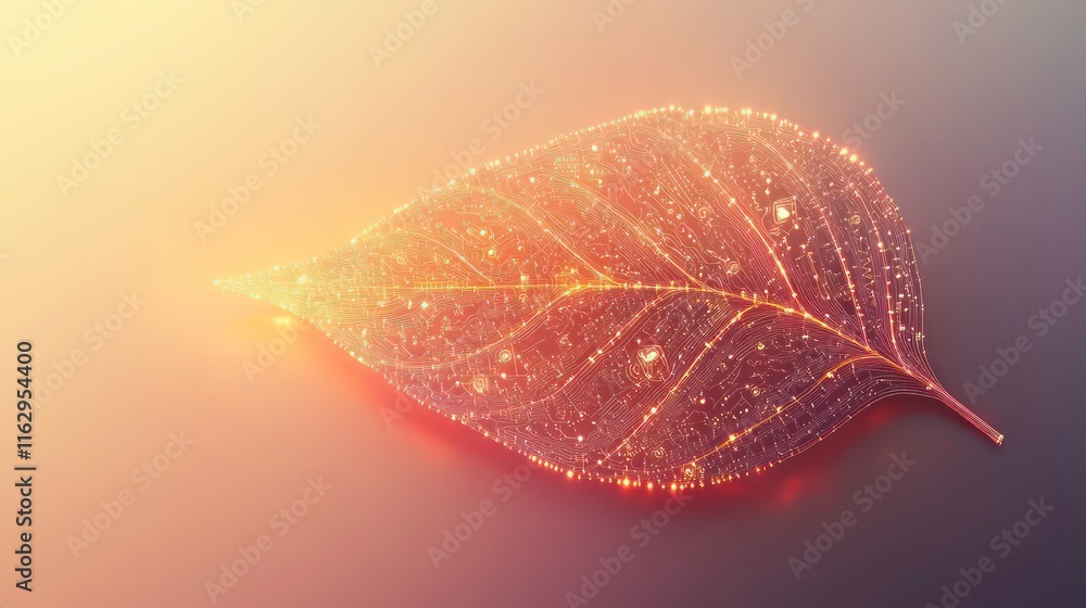Poster a glowing leaf with embedded circuits against a soft gradient background.