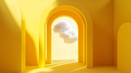 Abstract Three-Dimensional Yellow Room with Floating Cloud, Sunlit Arch, and Geometric Portal – Minimal Modern Fantasy Scene with Copy Space