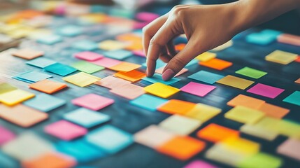 Obraz premium Creative brainstorming session with colorful sticky notes on a workspace table