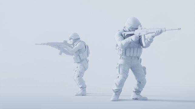 3d-rendered soldiers in staggered tactical stance aiming rifles