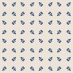 Delicate ethnic pattern with blue and beige flowers, suitable for wrapping paper, decorative elements, and textile prints.