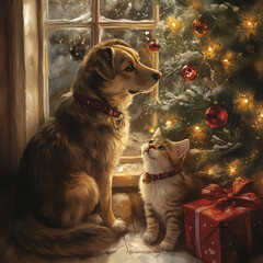 Cozy holiday evening with a dog and cat admiring a decorated Christmas tree by the window