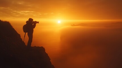 Silhouetted Photographer Captures Breathtaking Sunrise from Cliff Edge