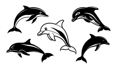 Vector Illustration of Playful Dolphins. Set of Stylized Dolphin Silhouettes