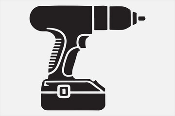 A black and white illustration of a cordless power drill.