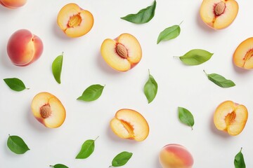 Levitating peach isolated. Composition of peaches, peach halves and slices with green leaves on a white background.