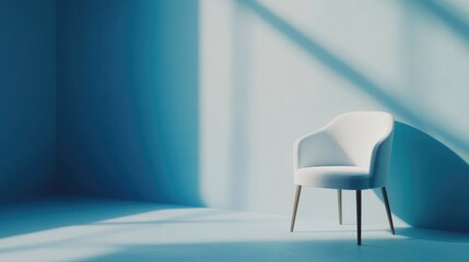 A minimalist chair in a softly lit blue room creates a serene and modern atmosphere.