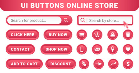 Set of user interface pink buttons online store or shop on a romantic love theme. UI purchase symbol Valentine Day collection. Add to cart, shop now, click here icons