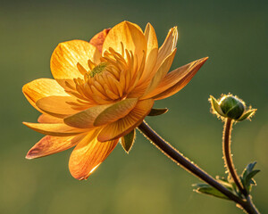 The beautiful yellow dahlia in the garden. With cool tone. Horizontal picture.
